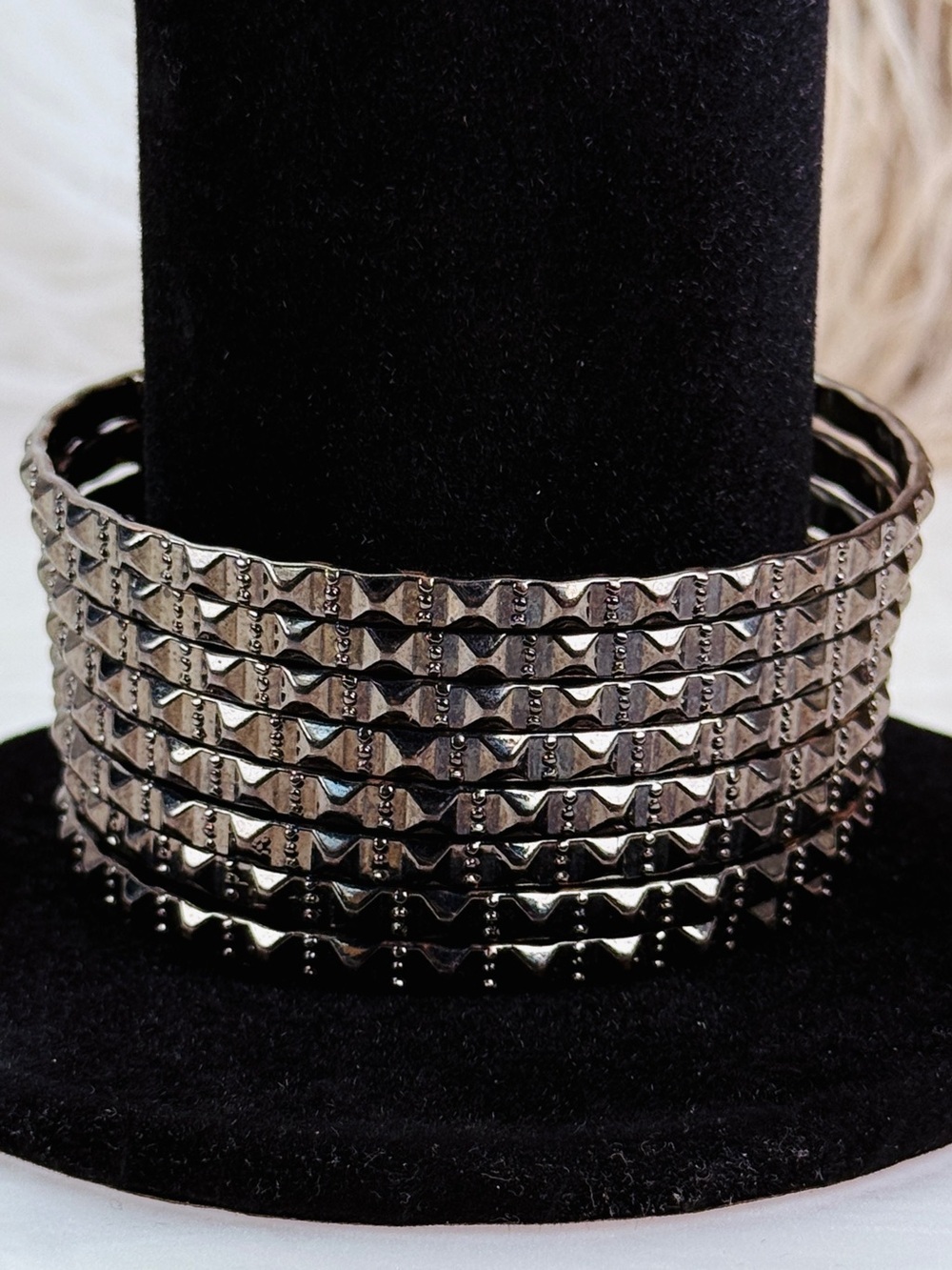 Vintage Wide Antiqued Silver Tone Multi Row Geometric Statement Cuff Bracelet